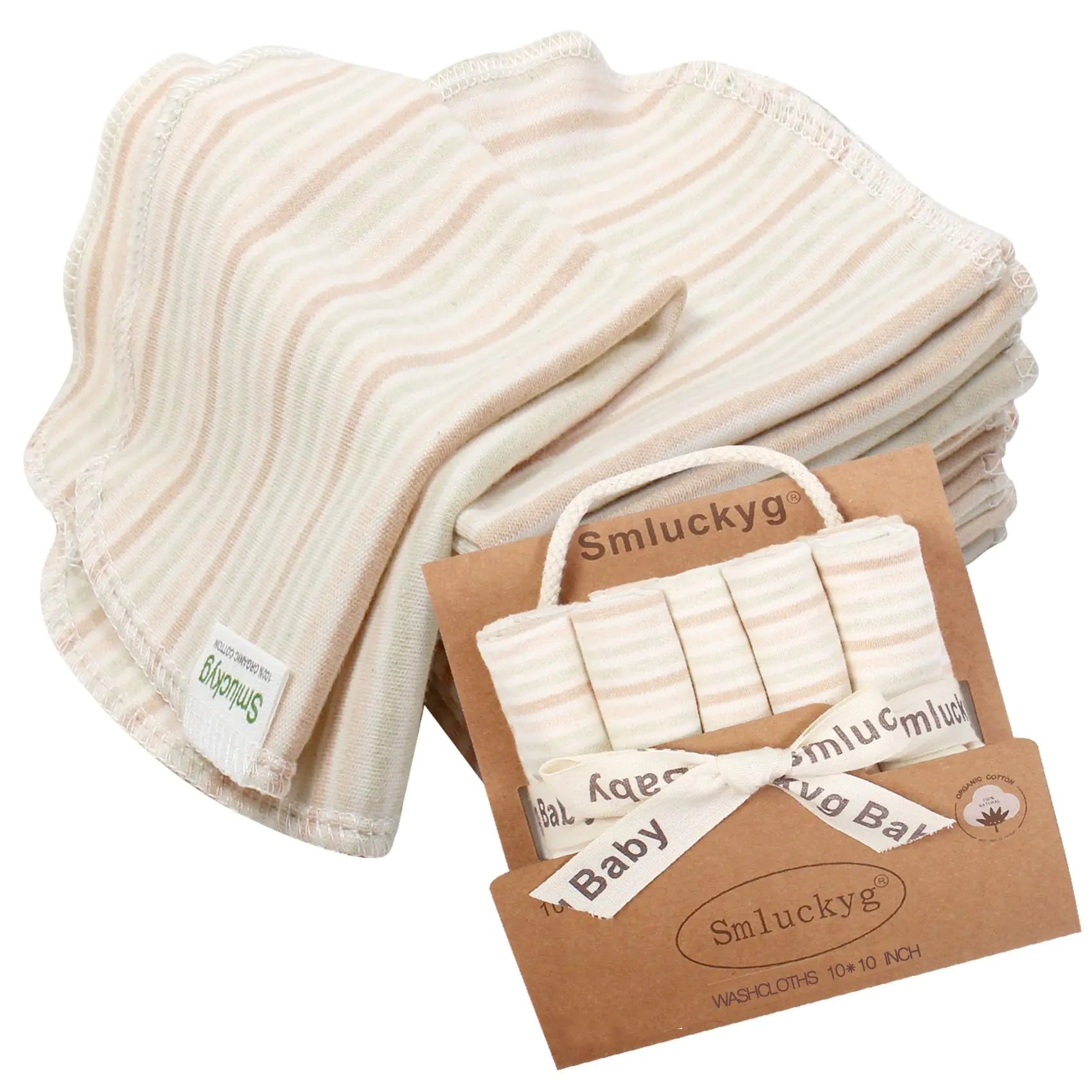 Smluckyg 10 Pack Organic Baby Washcloths - 100% Organic Cotton Reusable Baby Wipes for Delicate Skin Ultra Soft and Gentle Kids Face Wipes Perfect for Newborn Kids Girls and Boys (Stripes)