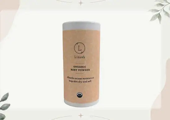 organic baby powder in a beige cylindrical container with white lid