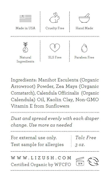 Organic baby powder by Cuddly Care made in USA with natural ingredients cruelty free and handmade