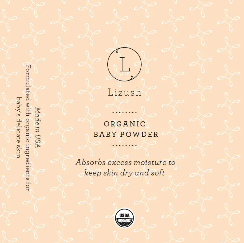Lizush organic baby powder label with moisture-absorbing formula and USDA organic certification